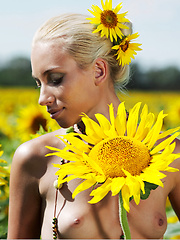 Amidst a large field of sunflowers in full bloom, Adele's natural beauty is the fairest of them all as she confidently poses her gorgeous body with perfectly erect nipples under the warm sun.