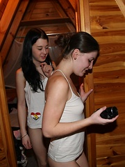 Horny nude teenagers sharing the small bathroom together