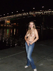 Night public nudity of a young girls on a city streets
